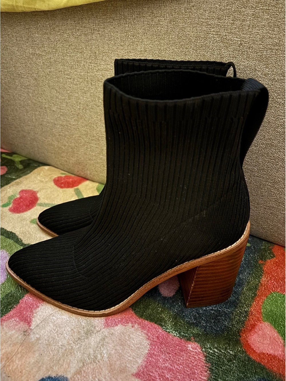 Steven New York Black Ribbed Knit Ankle Boots with Wooden Block Heels, Size 7